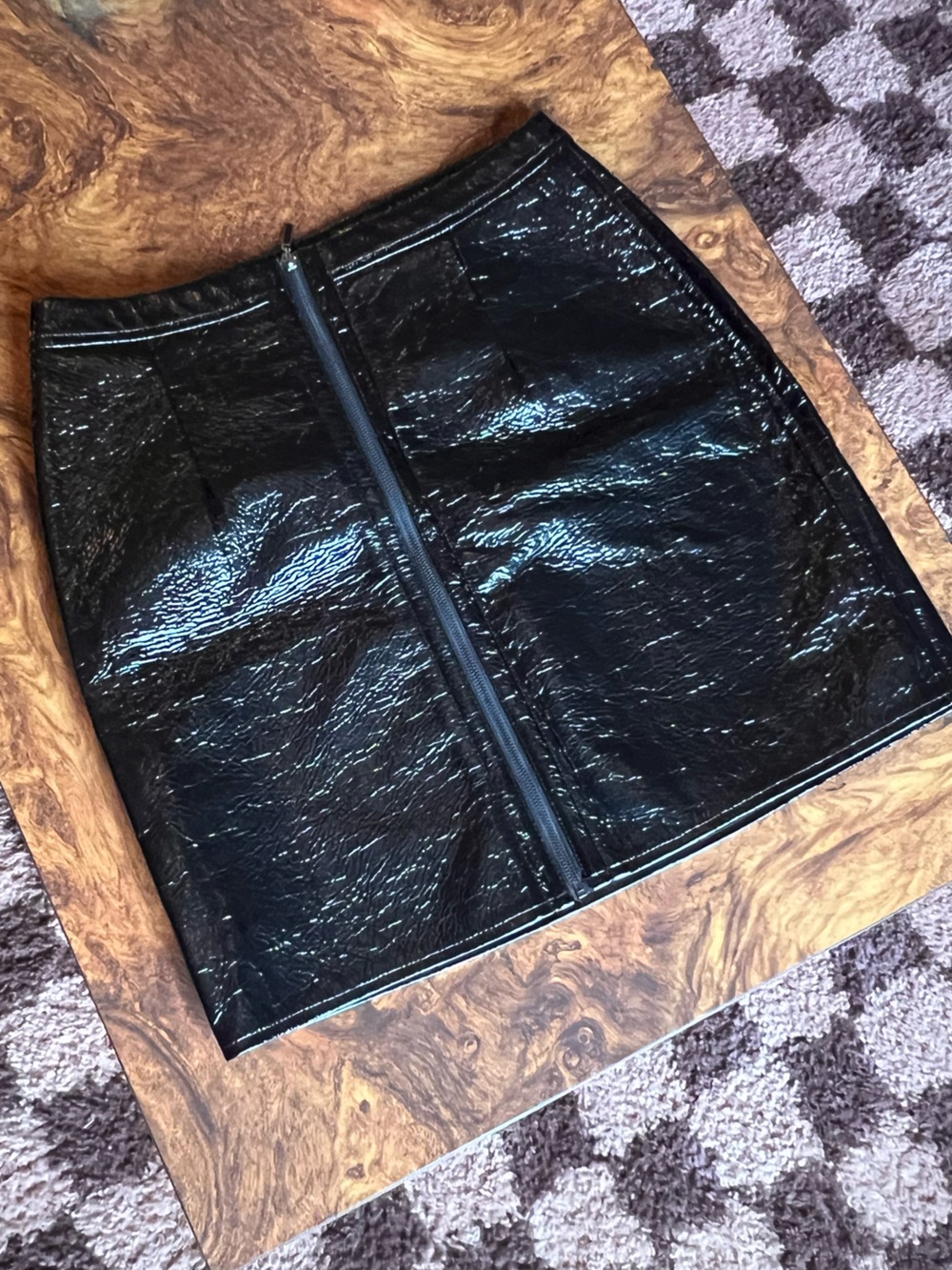 Shiny Black Patent Zip-Front Skirt